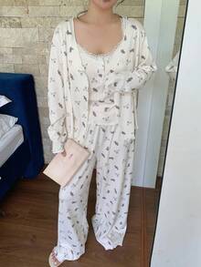 Dazy Plus 3件套加大码女式碎花吊带背心、宽松睡袍和松紧腰裤睡衣套装，秋冬服装 - 杏色 - 查看 7