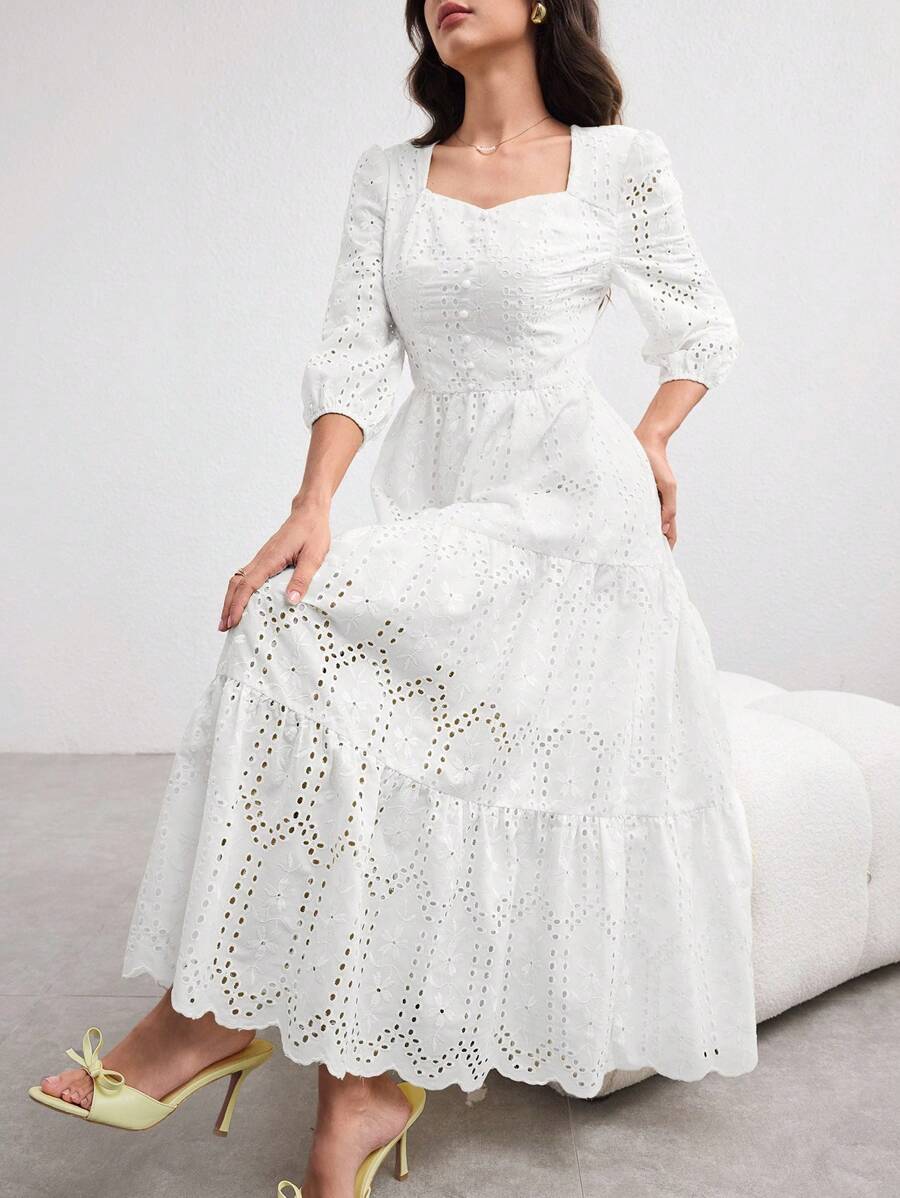 Modelyn Women's Long Embroidered Puff Sleeve Square Neck Elegant Romantic Dress, Light Yellow, Spring/Summer - White - View 1