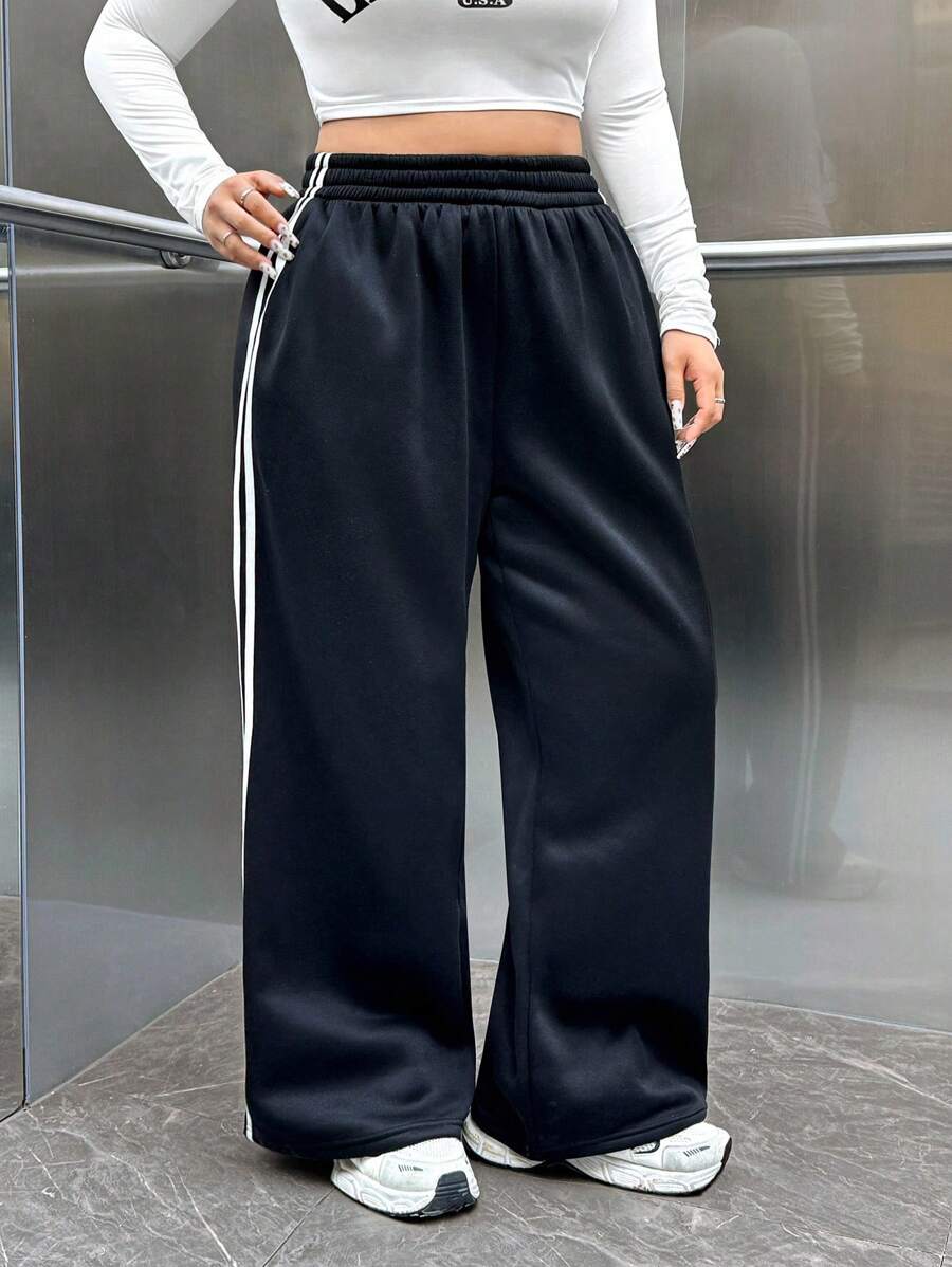 SHEIN EZwear 大码女式松紧腰侧条纹阔腿运动裤,秋冬 - 黑色 - 查看 1