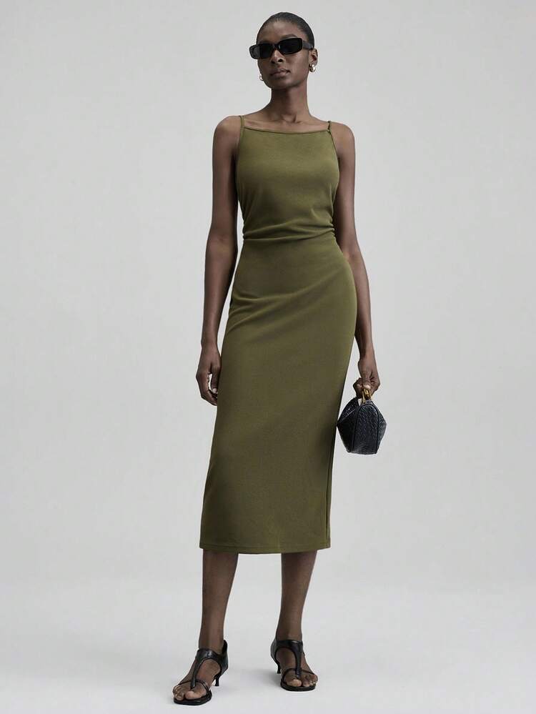 2025 New Arrival Minimalist Comfort Urban Chic Style Sleeveless Midi Dress, Olive Green Knit Fabric, Off Shoulder, A-Line Silhouette, Suitable For Back To School, Business Casual, Commuter Wear Modern Urban Casual Fashion Business Casual Women's Office Wear Low-Key Old Money Style Effortless Temperament High-End Urban Commuting High-Quality Airport Women's Wear High-End Material