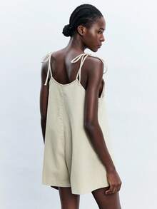 Maija Women's Khaki Denim Overalls And Jumpsuits Casual Fit Suspender Romper Shorts - Khaki - View 3