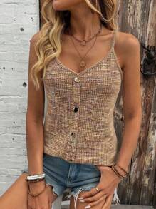 SHEIN LUNE 女士时尚V领纽扣装饰吊带背心，适合日常穿着，秋季新品