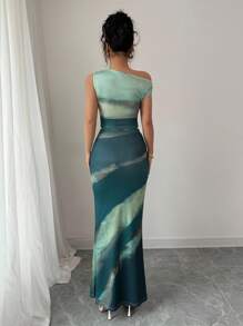 Rafferiza 女式扎染不对称领口短款上衣和紧身迷你裙两件套 - 綠色 - 查看 2