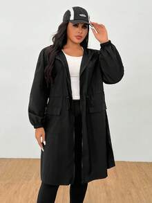 SHEIN EZwear 大码女式黑色长款外套，带腰带，适合秋冬季节、返校季、商务休闲、办公室、工作、教师、外出等场合，轻便运动外套，带帽，拉链长袖宽松外套，带口袋，适合户外徒步、雨天户外活动。 - 黑色 - 查看 5