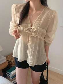 DAZY Women's V-Neck Loose Patchwork Frill Trim Front Tie Lantern Sleeve Blouse Long Sleeve Top