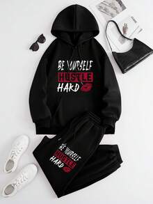 SHEIN EZwear Women's Letter Print Drawstring Hooded Fleece Sweatshirt And Sweatpants Two-piece Set - Black - View 1