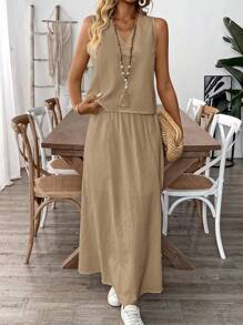 EMERY ROSE 1 Set Atasan Tanpa Lengan dan Rok Panjang Linen Warna Polos untuk Wanita - Khaki - View 4