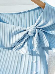 SHEIN CURVE+ 女式加大码夏季扭纹设计纽扣前短袖休闲上衣 - 藍色 - 查看 3