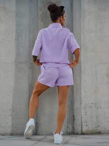 SAYEHFBABY 素色前排扣落肩袖襯衫和短褲 - 紫丁香色 - 查看 2