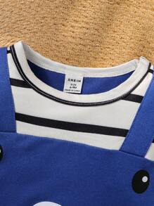 SHEIN 2 件婴幼儿条纹熊图案连体衣和立方耳帽，儿童服装套装，婴儿服装，适合秋冬季场合和日常穿着 - 藍色 - 查看 6