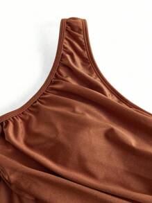 Swim Oasis Women's Solid Color Ruched Mesh Panel One-Piece Swimsuit With Sarong Skirt For Summer Beach Vacation - Brown - View 7