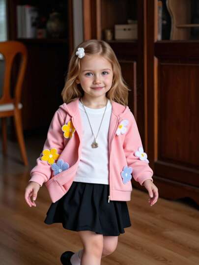 Elladie kids 可爱粉色连帽外套，饰有花朵贴花和拉链，适合女孩穿着。粉色拉链连帽衫，适合年轻女孩，女孩连帽衫，粉色花朵外套，儿童连帽衫，女孩花朵贴花连帽衫，女孩粉色连帽衫，女孩拉链连帽衫，适合秋冬季穿着。