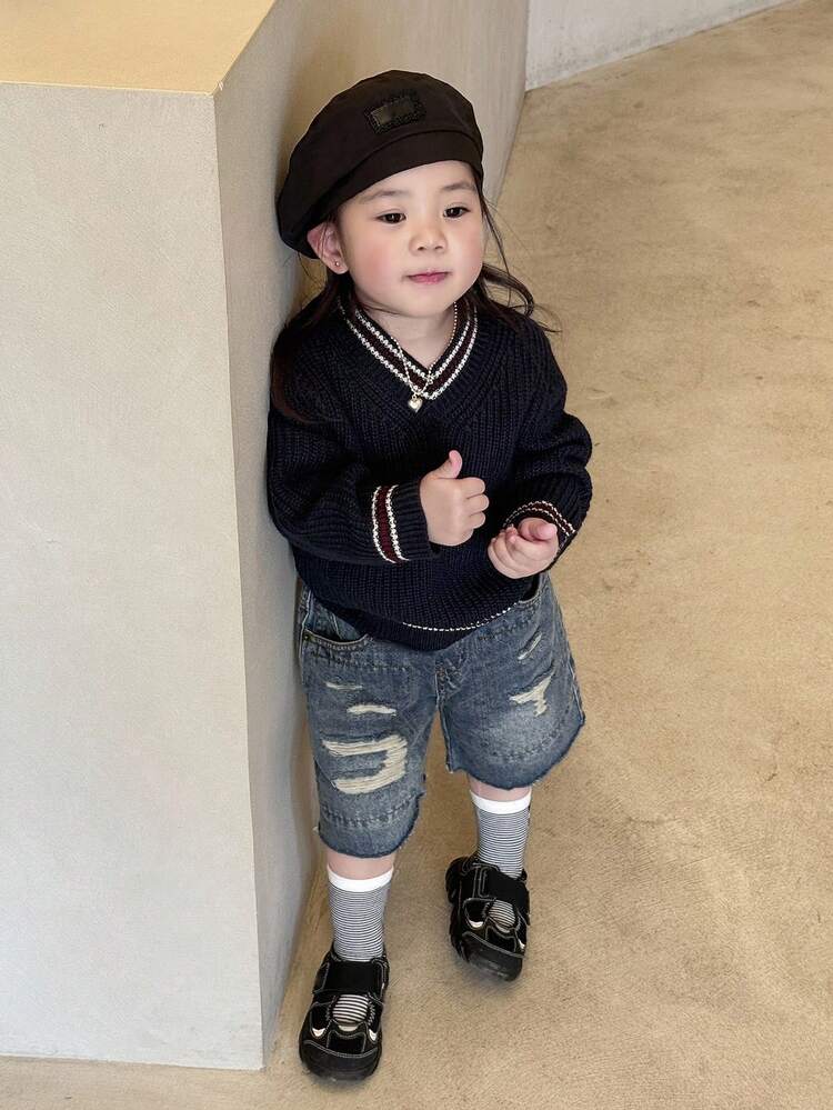 Baby Girl V-Neck Colorblock Long Sleeve Knit Sweater Fall, Winter Toddler Girls Clothes