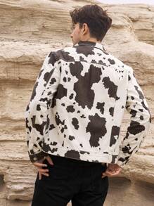 RivetRise Men's Asymmetrical Cow Print Denim Jacket, Fashionable Casual Outerwear , Fall