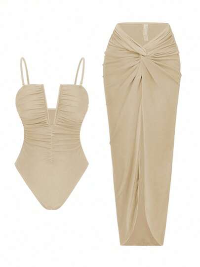 Swim Oasis 2件套夏季度假性感纯色V领褶皱吊带抹胸连体泳衣，前开衩扭结沙滩裙套装