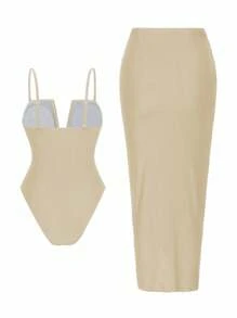 Swim Oasis Bộ 2 món đồ bơi liền thân gợi cảm màu trơn cổ chữ V xếp ly dây mảnh cho nữ, kèm chân váy xẻ tà phía trước, thích hợp cho kỳ nghỉ hè. - Màu be - Xem 2