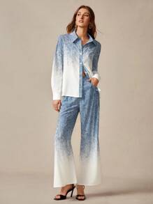 SHEIN Unity Damen Frühling/Herbst Boho Lässiges Denim Farbverlauf Hemd und hohe Taille Weite Schlaghose 2 Stücke Set - Blau-Weiß - Übersicht 4
