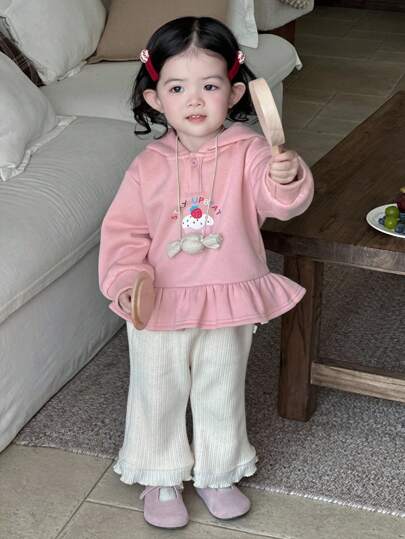 DAZY 女婴连帽纯色休闲荷叶边长袖卫衣，秋冬季幼儿女童服装