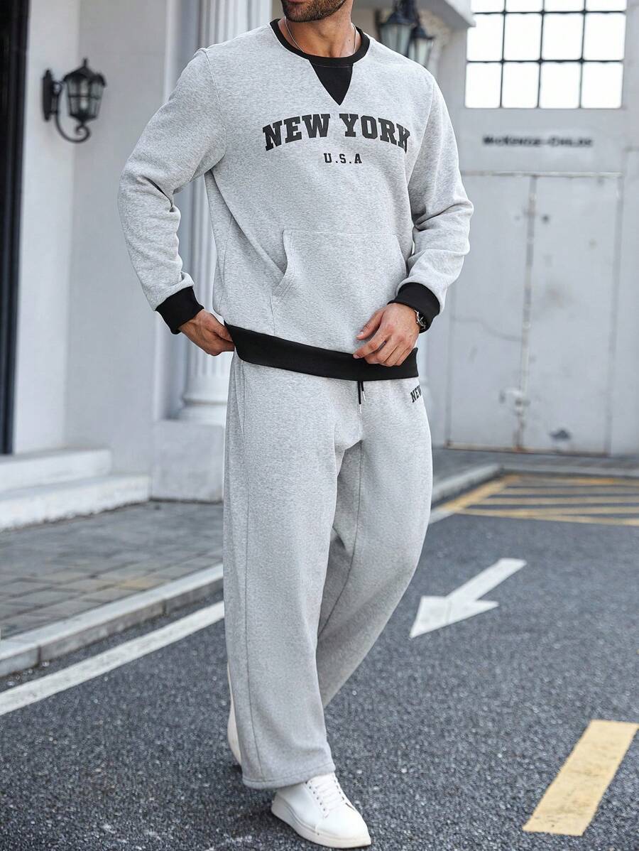 Manfinity Homme 1 طقم رجالي من البلوزة والبنطلون، بلوزة بياقة بولو وسحاب نصفي، بنطلون بخصر مطاطي، تصميم ألوان متباينة وطباعة جرافيك، للارتداء اليومي والذهاب للعمل والمدرسة، هدية للصديق/الزوج، ملابس الخريف - رمادي فاتح - مشاهدة 1