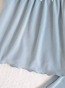 Girls 2-Piece Set, Back To School Sleepwear, Princess Style With Bow, Ribbed Pattern Loose Fitting Cap Sleeve Top And Long Pants, Suitable For Spring/Summer/Autumn, Lightweight - Blue - View 5