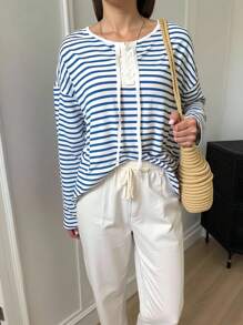 INAWLY 休闲设计系带宽松条纹衬衫 - 藍色 - 查看 5