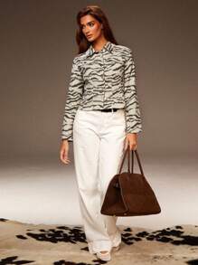 Athîral Women's Casual Zebra Print Denim Jacket, Fall Women Clothes,Winter Jacket Women,Halloween Clothes - Khaki - View 3