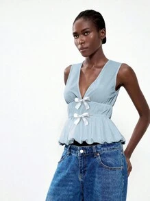 Lumivelle Women's Elegant Bow Decor Camisole, Summer Roupa Para A Universidade