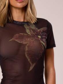 MUSERA 印花图案网眼修身T恤，适合度假、伊比沙岛、海滩、节日、锐舞派对、波西米亚风、假日、圣诞节等场合，优雅可爱。 - 黑色 - 查看 4