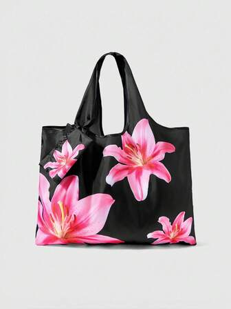 Fairycore 1 Stück schwarze & rosa Lilie wasserdichte große Faltbare Einkaufstasche, geeignet für Camping, Reisen, Einkaufen, Schule und andere Anlässe