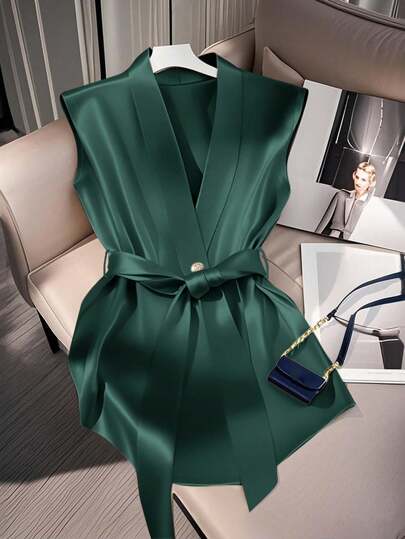 SHEIN Clasi 女士优雅裹腰装饰无袖衬衫，适合通勤，春夏季