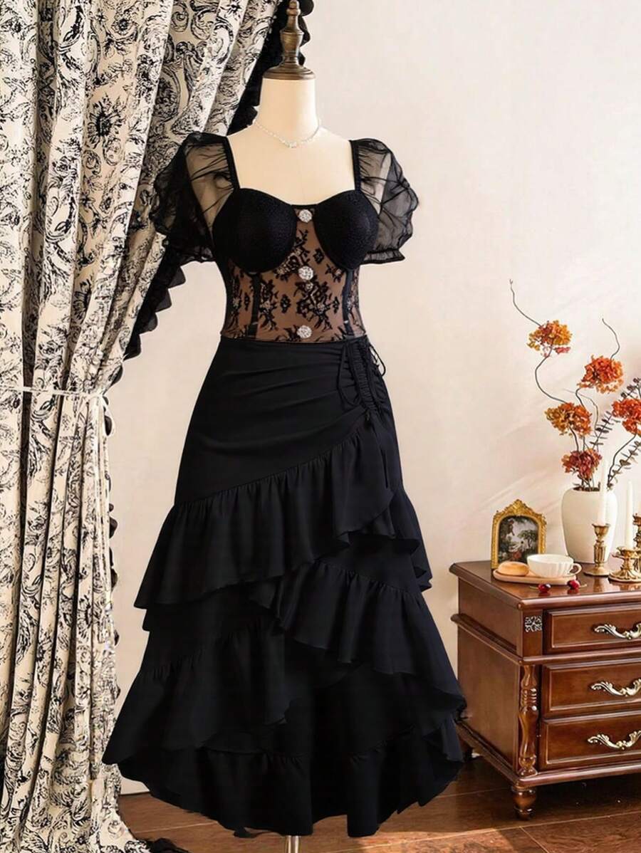 SHEIN MOD Blusa romántica de talla grande con mangas abullonadas, decoración de botones de metal, diseño ceñido a la cintura, negro, adecuado para fiesta, cita, elegancia vintage - Negro - Ver 1