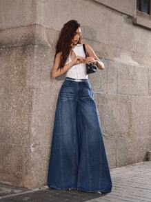 Selenza 女式英式刺绣超大阔腿牛仔裤 - 藍色 - 查看 2