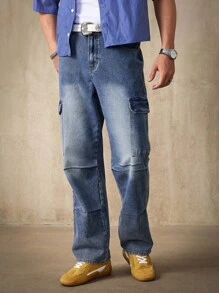 Manfinity Homme Men's Casual Washed Cargo Denim Jeans - Medium Wash - View 5