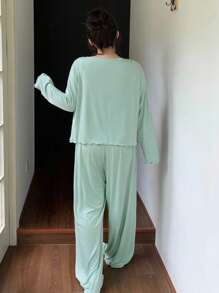 Dazy Plus 3pcs Solid Color Knit Twist Design Camisole Top Coat & Pants Loungewear Set, Plus Size, Outfits, Fall Clothes - Mint Green - View 2