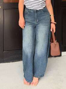 Jeta Ari 复古宽松街头水洗褪色阔腿女式宽松牛仔裤 Y2K - 深色水洗藍 - 查看 3