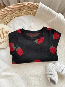 SHEIN Đầm dệt kim dài tay cổ tròn họa tiết dâu tây cho bé gái, quần áo trẻ em họa tiết dâu tây, áo len cho bé gái, áo len họa tiết dâu tây cho bé, quần áo mùa thu đông cho bé gái. - Nhiều màu - Xem 4