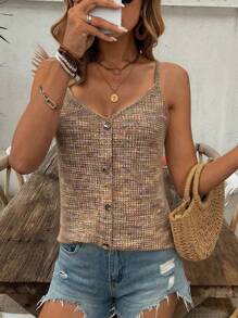SHEIN LUNE 女士时尚V领纽扣装饰吊带背心，适合日常穿着，秋季新品