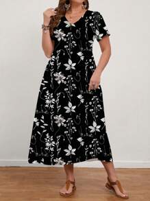 EMERY ROSE 大码女式休闲优雅花卉印花 V 领短袖长裙，适合春夏季 - 黑色 - 查看 3