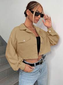 SHEIN EZwear 女士纯色落肩长袖单排扣休闲夹克灯芯绒夹克 Y2k 秋冬短款上衣夹克 - 駝色 - 查看 4