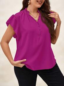 Chikora Plus Size Comfortable Leisure Ruffle Trim Shirt - Red Violet - View 5