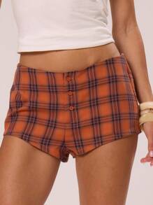 MUSERA Checkered Fitted Mini Shorts , Summer, Holiday, Festival, Rave, Grunge, Cool Girl, Y2K Punk's - Orange - View 2
