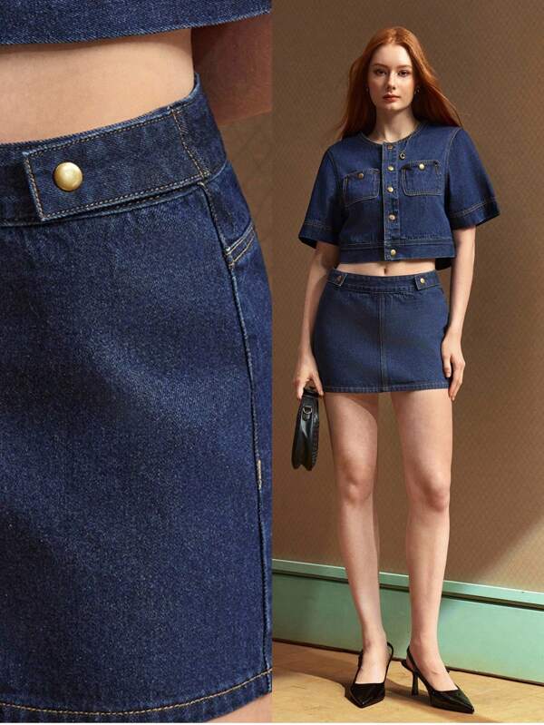 Selenza Women's Button-Decorated Short Casual Denim Mini Skirt Elegant Office & Casual