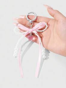 ROMWE Kawaii 1pc Elegant, Delicate, Minimalist High-End Handmade Beaded White Faux Pearl, Pink Ribbon Bow, Resin Strawberry DIY Keychain, Bag Charm, Suitable For Women, Daily Wear, Holiday Gift - Pink - View 2