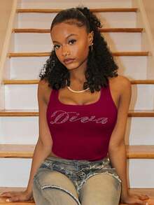 Steph T Áo thun crop top in chữ đính đá Y2K cho nữ mùa hè Áo thun họa tiết cho nữ - Màu Đỏ Sâu - Xem 7