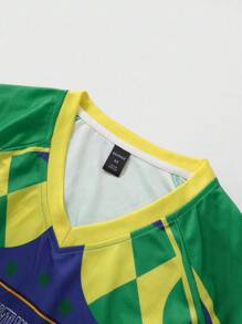 ROMWE MEN Prep Unisex Amerikanischer Street-Style Farbblock Kurzarm T-Shirt - Grün - Übersicht 5