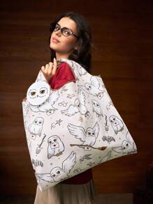 HARRY POTTER X SHEIN 1 pieza Bolso de tela plegable de poliéster con estampado gráfico de Hedwig, bolso con bolsa adjunta por cadena, de moda, búho, magia