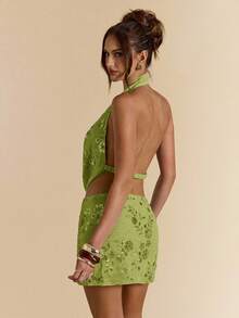 SHEIN BAE Áo cánh cổ xếp nếp đính sequin hoa thời trang gợi cảm cho nữ - Màu xanh Ô liu - Xem 2