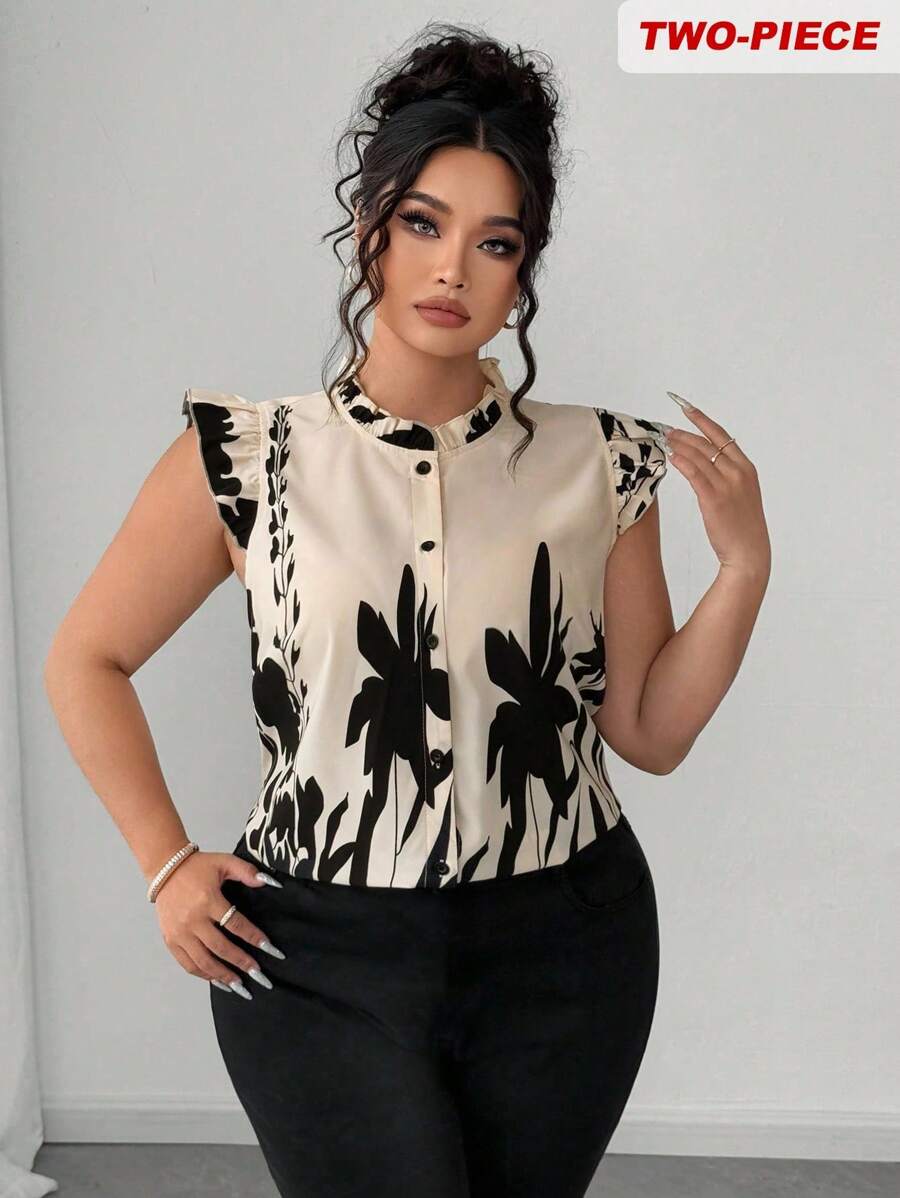 Elenzga Conjunto de 2 piezas de blusa estampada y pantalones ajustados para mujer de talla grande, atuendo elegante de oficina - Albaricoque - Ver 1