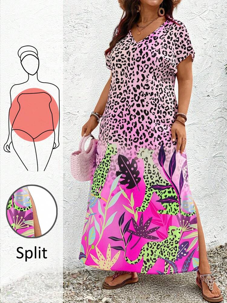 Plus Size Women Leopard Print Summer Vacation Leopard & Floral Print V-Neck Batwing Short Sleeve Loose Dress,Fall Women Clothes,Back To School,Country Concert Outfit,Old Money Style Women, Teacher Outfits For Women,Rave Outfits,Boho Women Clothing,Rave Outfits Festival,Going Out Dress