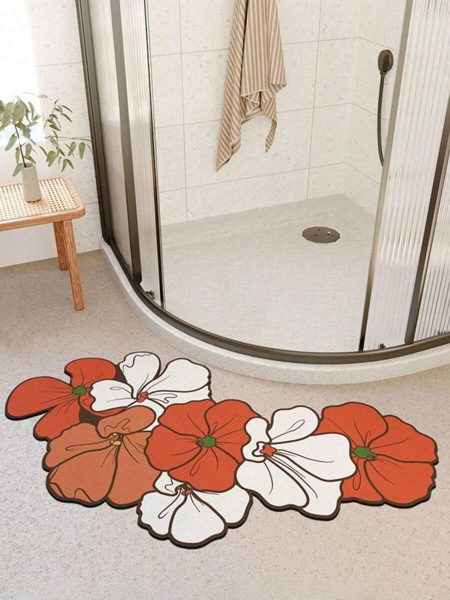 SHEIN 1 件花卉 U 型硅藻泥浴垫 - 防滑速干吸水浴垫，编织硅藻土地垫，具有独特的花朵设计，柔软防滑背衬，耐用，适用于浴室入口 - 橘色 - 查看 1